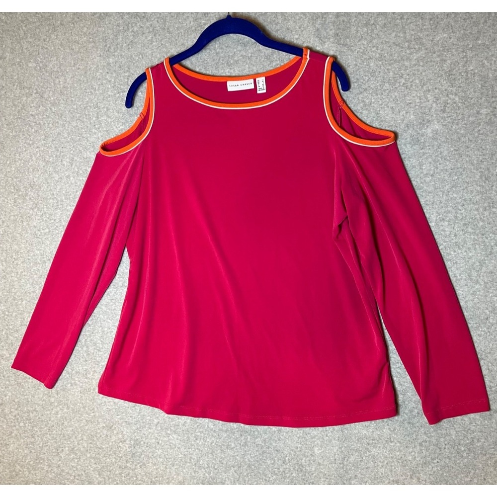 Susan Graver Cold Shoulder Top Womens‎ Large Hot Pink Orange Trim Liquid Knit